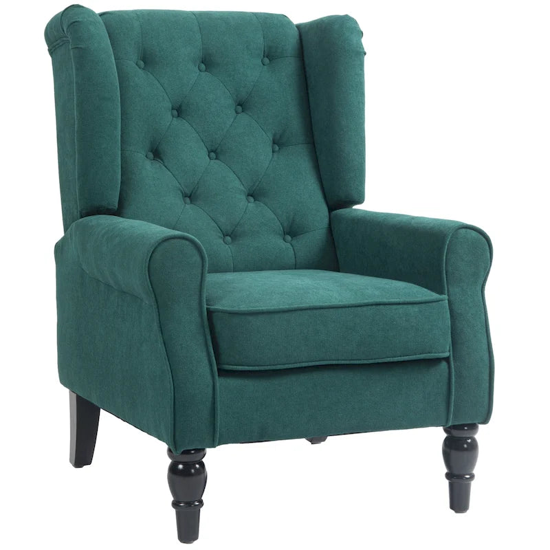 Dark Green Fabric Wingback Accent Chair, Button-Tufted, Single