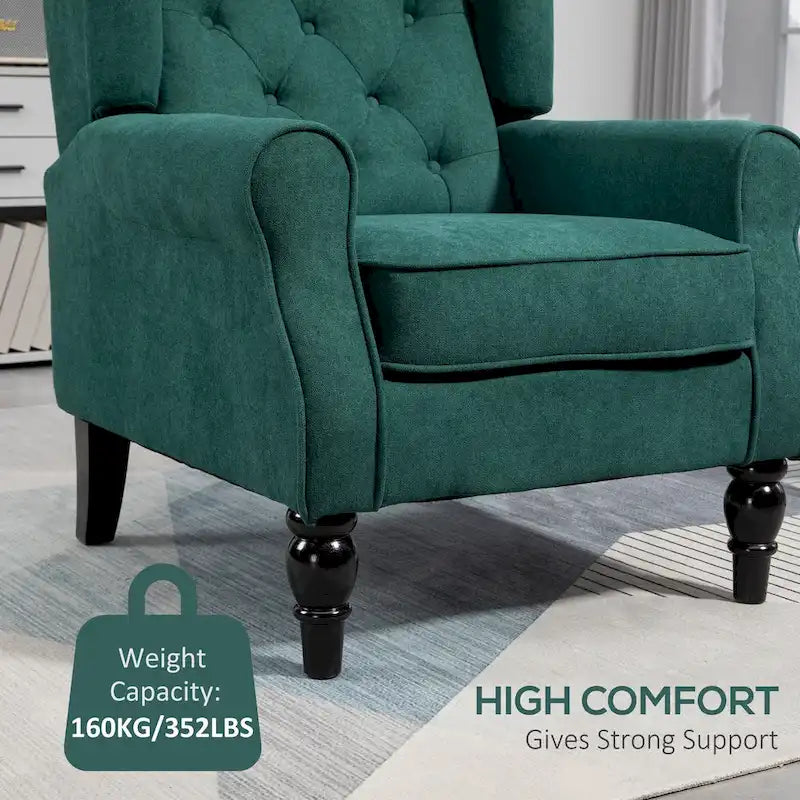 Dark Green Fabric Wingback Accent Chair, Button-Tufted, Single