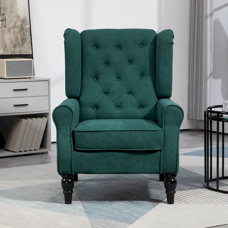 Dark Green Fabric Wingback Accent Chair, Button-Tufted, Single