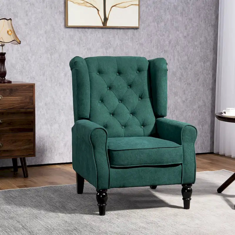 Dark Green Fabric Wingback Accent Chair, Button-Tufted, Single