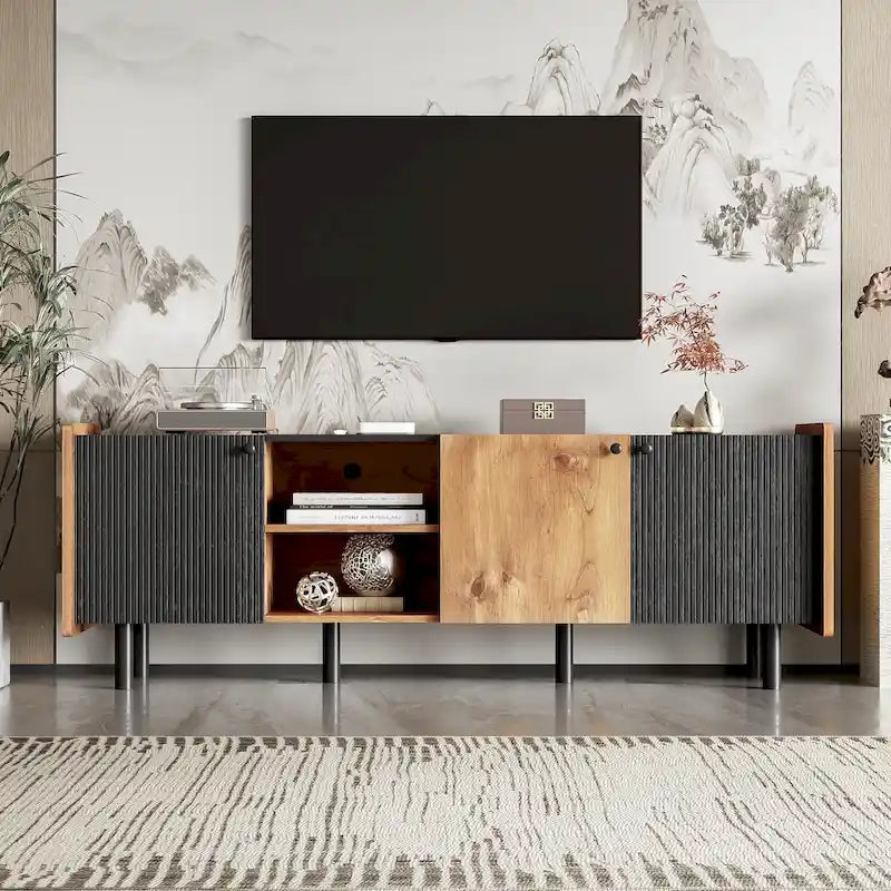 Black Brown Mid-Century TV Stand with 3 Cabinets, Fits TVs up to 70"