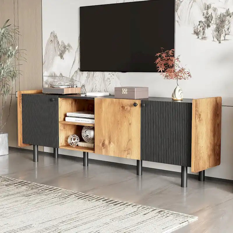 Black Brown Mid-Century TV Stand with 3 Cabinets, Fits TVs up to 70"