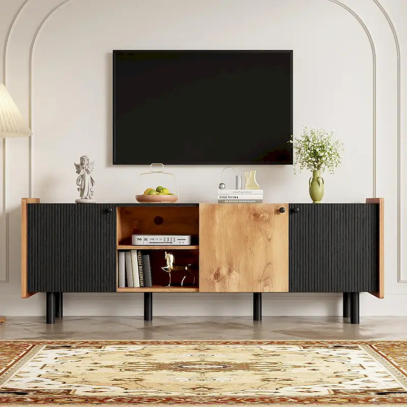 Black Brown Mid-Century TV Stand with 3 Cabinets, Fits TVs up to 70"