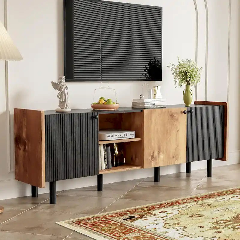 Black Brown Mid-Century TV Stand with 3 Cabinets, Fits TVs up to 70"