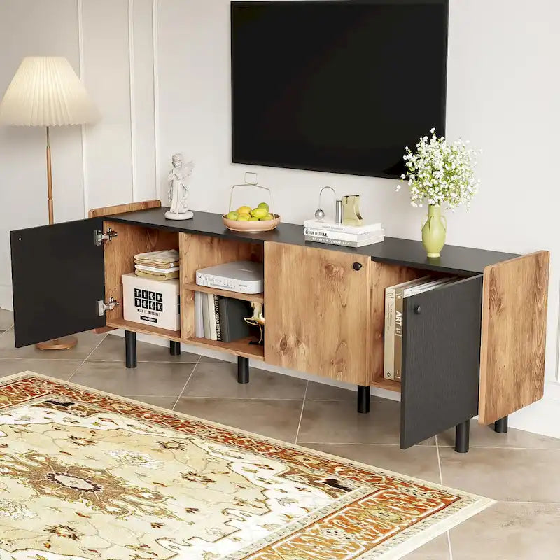Black Brown Mid-Century TV Stand with 3 Cabinets, Fits TVs up to 70"