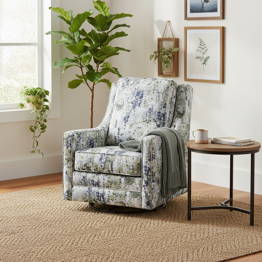 Gray/Green Floral Swivel Glider Accent Chair – Seats 1