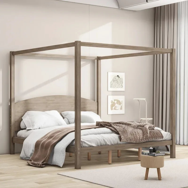 Brown / Grey King Canopy Platform Bed with Headboard – Sleeps 2
