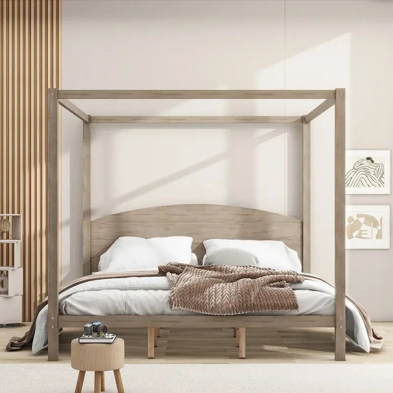 Brown / Grey King Canopy Platform Bed with Headboard – Sleeps 2