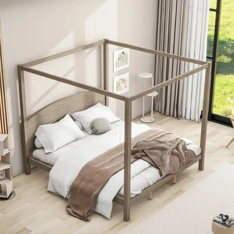 Brown / Grey King Canopy Platform Bed with Headboard – Sleeps 2