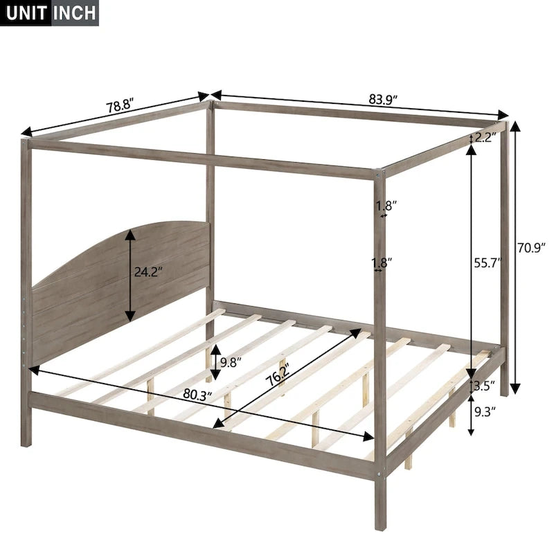 Brown / Grey King Canopy Platform Bed with Headboard – Sleeps 2