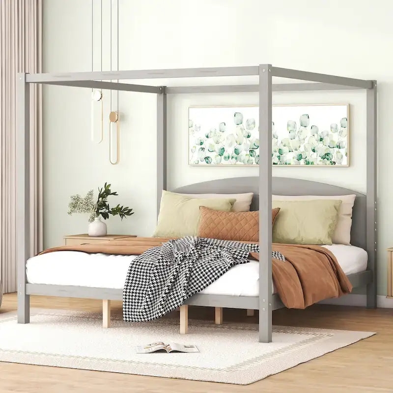 Brown / Grey King Canopy Platform Bed with Headboard – Sleeps 2