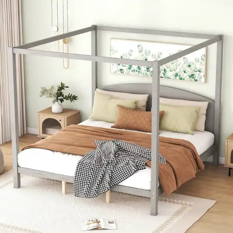 Brown / Grey King Canopy Platform Bed with Headboard – Sleeps 2