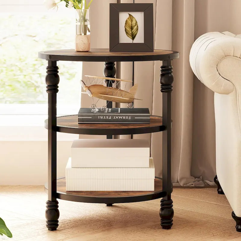 Brown / Dark Oak 3-Tier Round Side Table with Storage Shelves