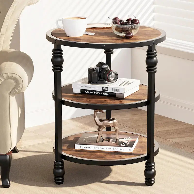 Brown / Dark Oak 3-Tier Round Side Table with Storage Shelves