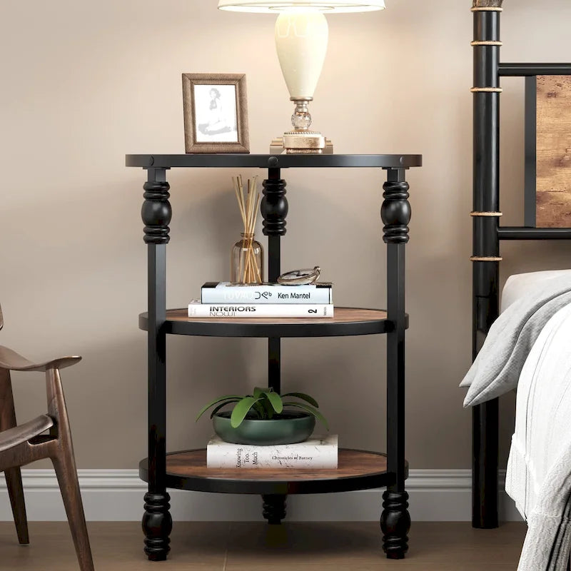 Brown / Dark Oak 3-Tier Round Side Table with Storage Shelves