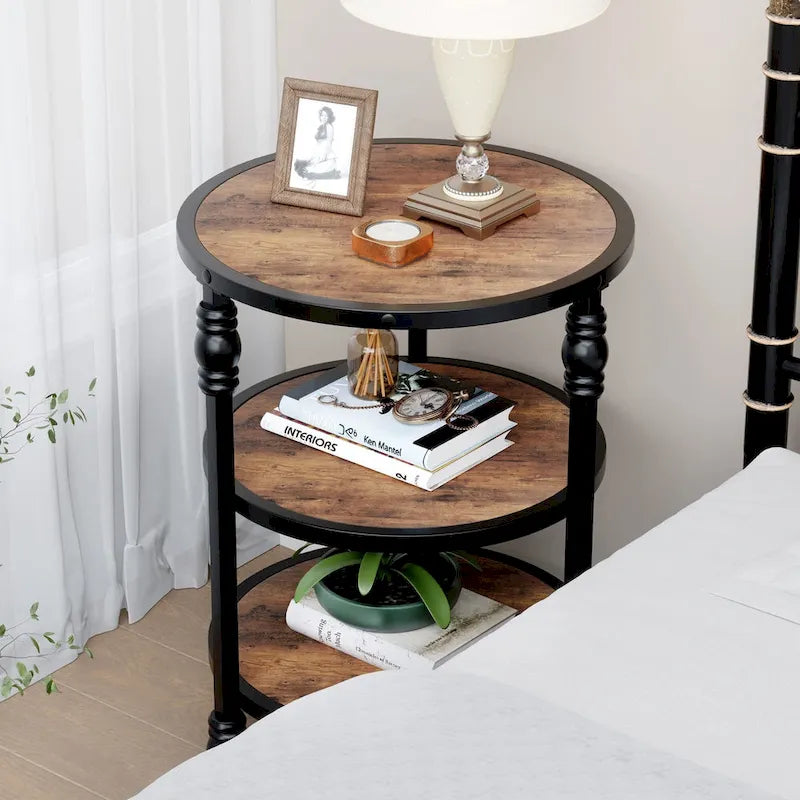 Brown / Dark Oak 3-Tier Round Side Table with Storage Shelves