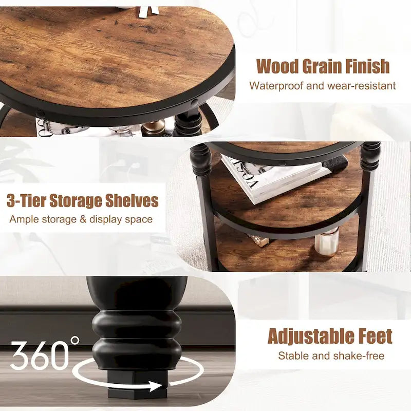 Brown / Dark Oak 3-Tier Round Side Table with Storage Shelves