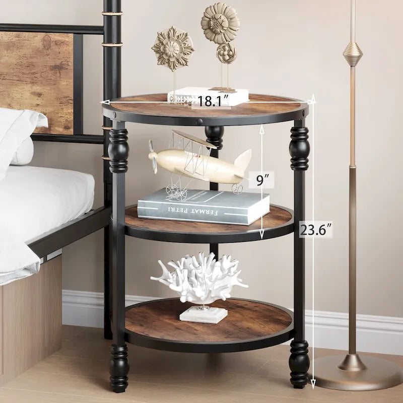 Brown / Dark Oak 3-Tier Round Side Table with Storage Shelves