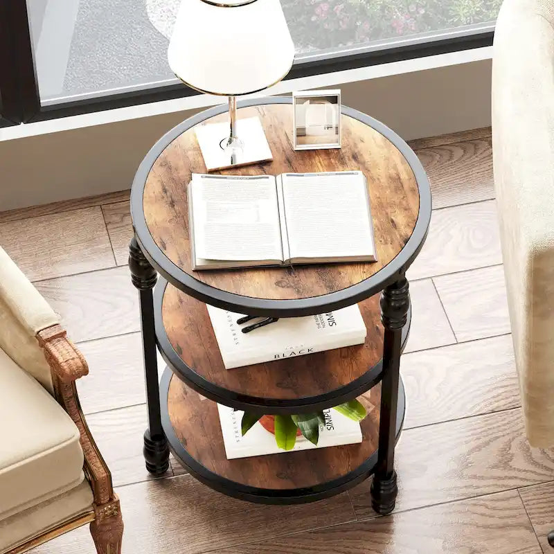 Brown / Dark Oak 3-Tier Round Side Table with Storage Shelves