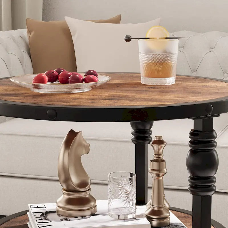 Brown / Dark Oak 3-Tier Round Side Table with Storage Shelves