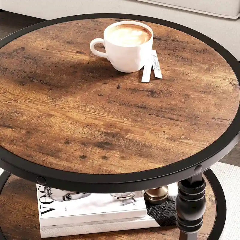 Brown / Dark Oak 3-Tier Round Side Table with Storage Shelves