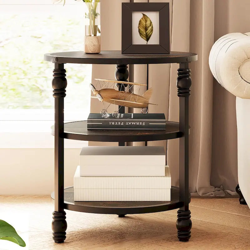 Brown / Dark Oak 3-Tier Round Side Table with Storage Shelves