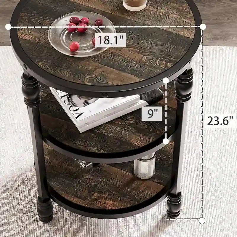 Brown / Dark Oak 3-Tier Round Side Table with Storage Shelves
