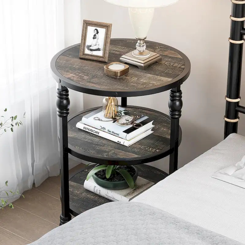 Brown / Dark Oak 3-Tier Round Side Table with Storage Shelves