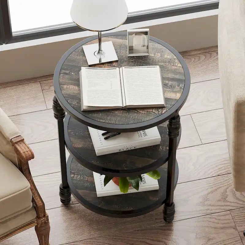 Brown / Dark Oak 3-Tier Round Side Table with Storage Shelves