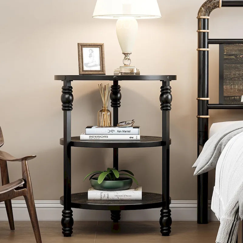 Brown / Dark Oak 3-Tier Round Side Table with Storage Shelves