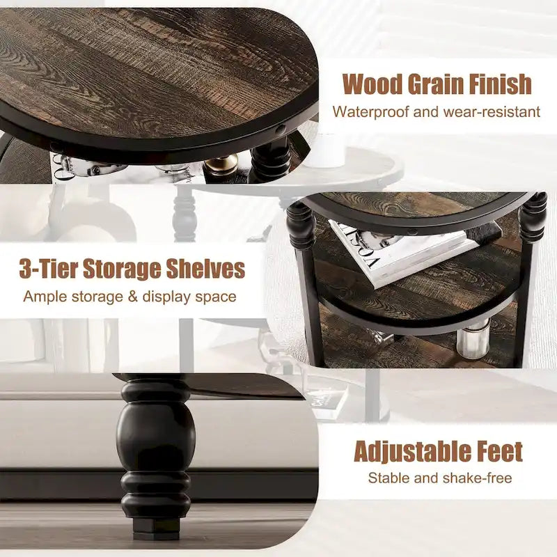 Brown / Dark Oak 3-Tier Round Side Table with Storage Shelves