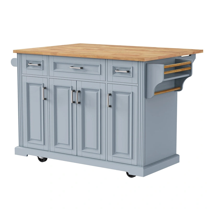 Grey+Blue / White 54" Rolling Kitchen Island with Drop Leaf – Single