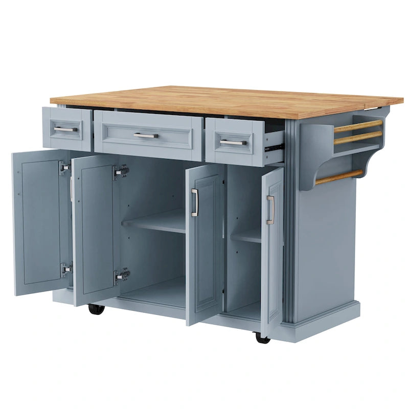 Grey+Blue / White 54" Rolling Kitchen Island with Drop Leaf – Single