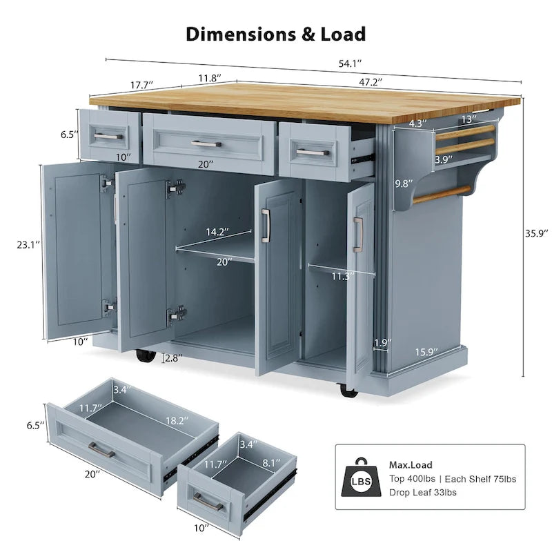 Grey+Blue / White 54" Rolling Kitchen Island with Drop Leaf – Single