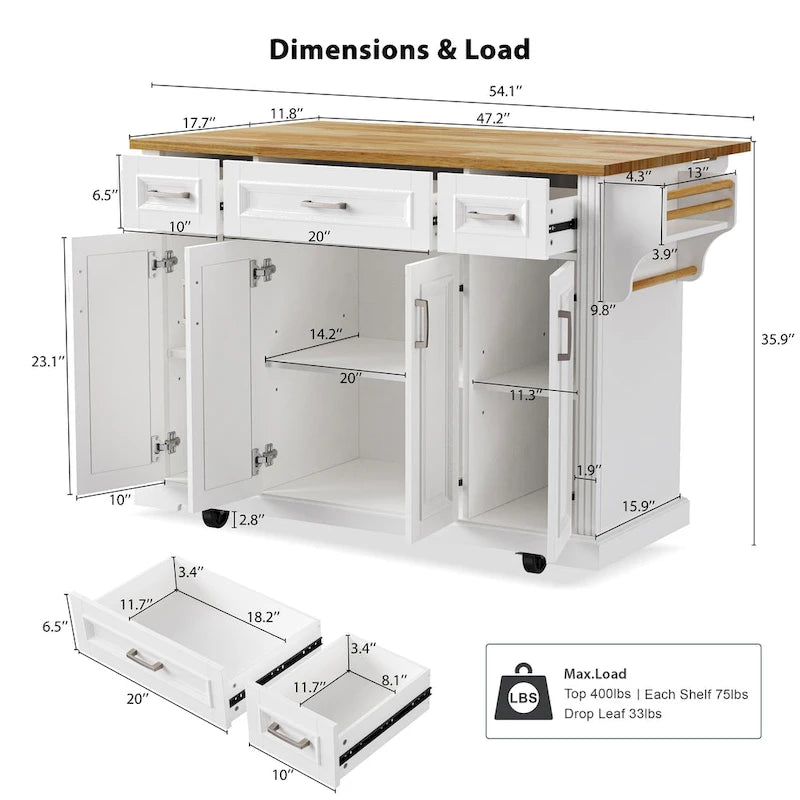 Grey+Blue / White 54" Rolling Kitchen Island with Drop Leaf – Single
