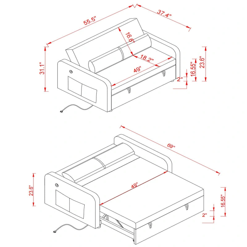 Grey / White / Black Convertible Sofa Bed with USB Port, Seats 2