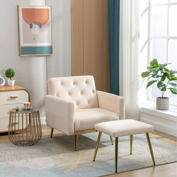 Multi-Color Velvet Tufted Convertible Armchair with Ottoman – Single