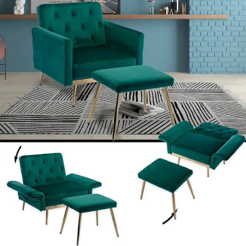 Multi-Color Velvet Tufted Convertible Armchair with Ottoman – Single