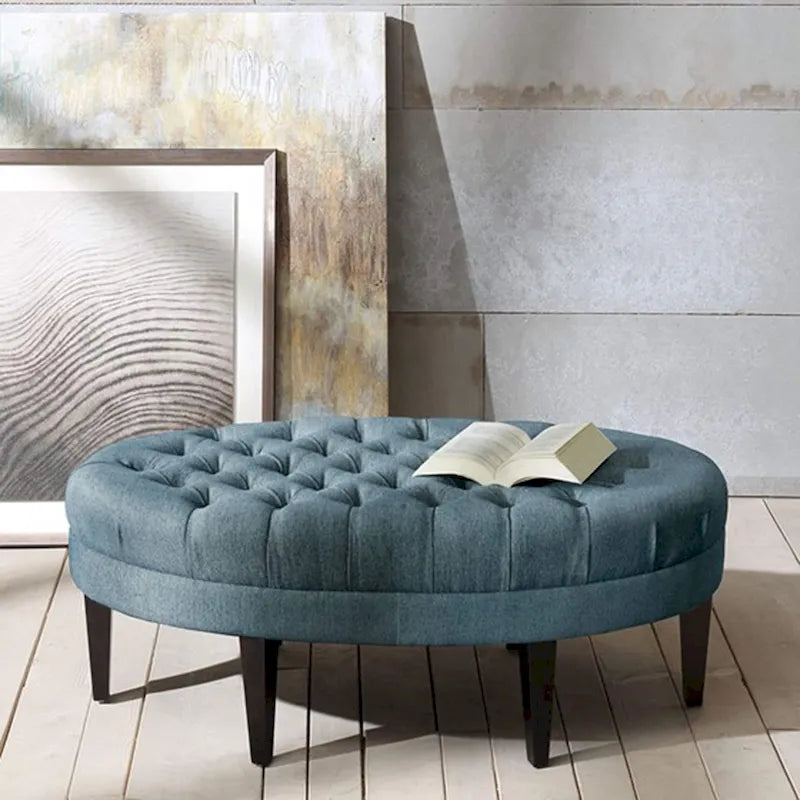 Blue Oval Button-Tufted Ottoman, Single