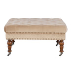 Tan Velvet Square Tufted Ottoman, Upholstered / Metal Casters, Single