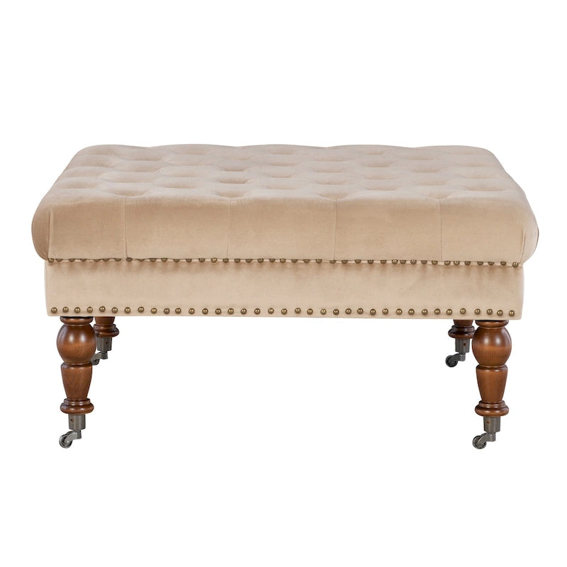 Tan Velvet Square Tufted Ottoman, Upholstered / Metal Casters, Single