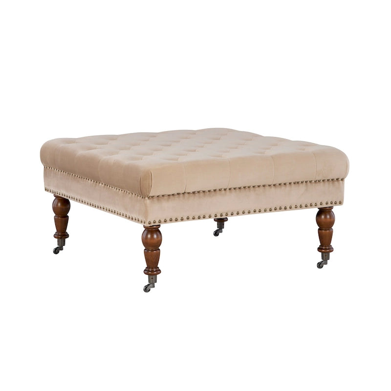 Tan Velvet Square Tufted Ottoman, Upholstered / Metal Casters, Single