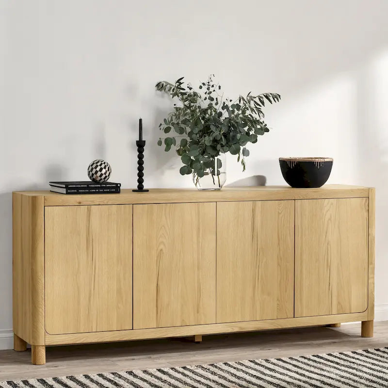 Natural / Light Brown 4-Door Oak Buffet Sideboard, 80"W × 22"D × 33"H, Single