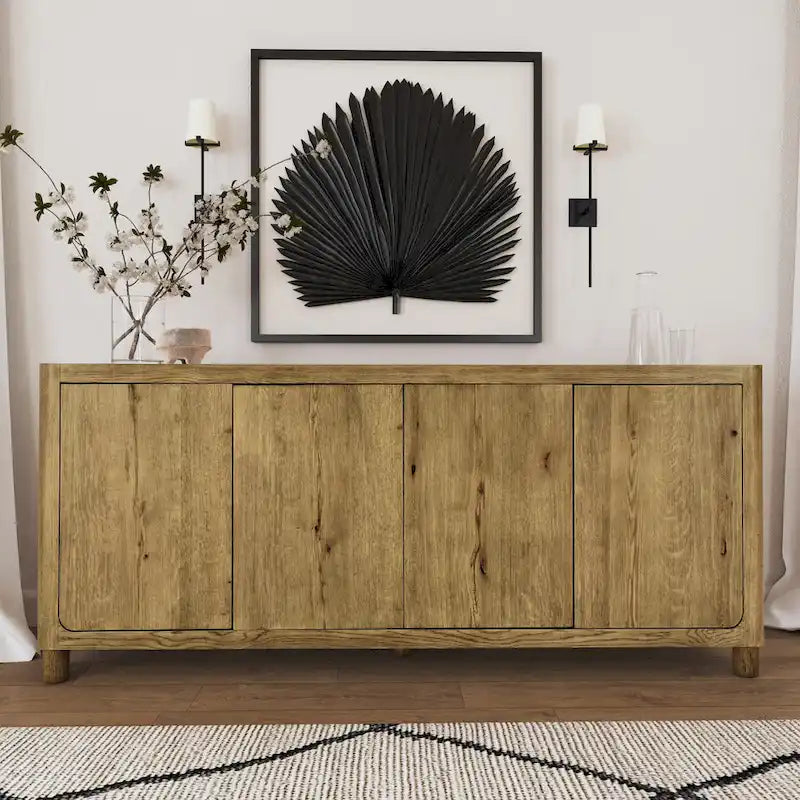Natural / Light Brown 4-Door Oak Buffet Sideboard, 80"W × 22"D × 33"H, Single