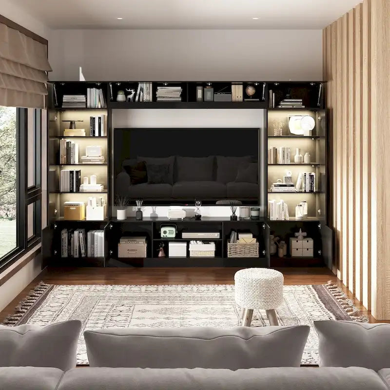White / Black Wall Unit TV Stand with Bookshelves & LED Lighting – 2–3 Person Assembly