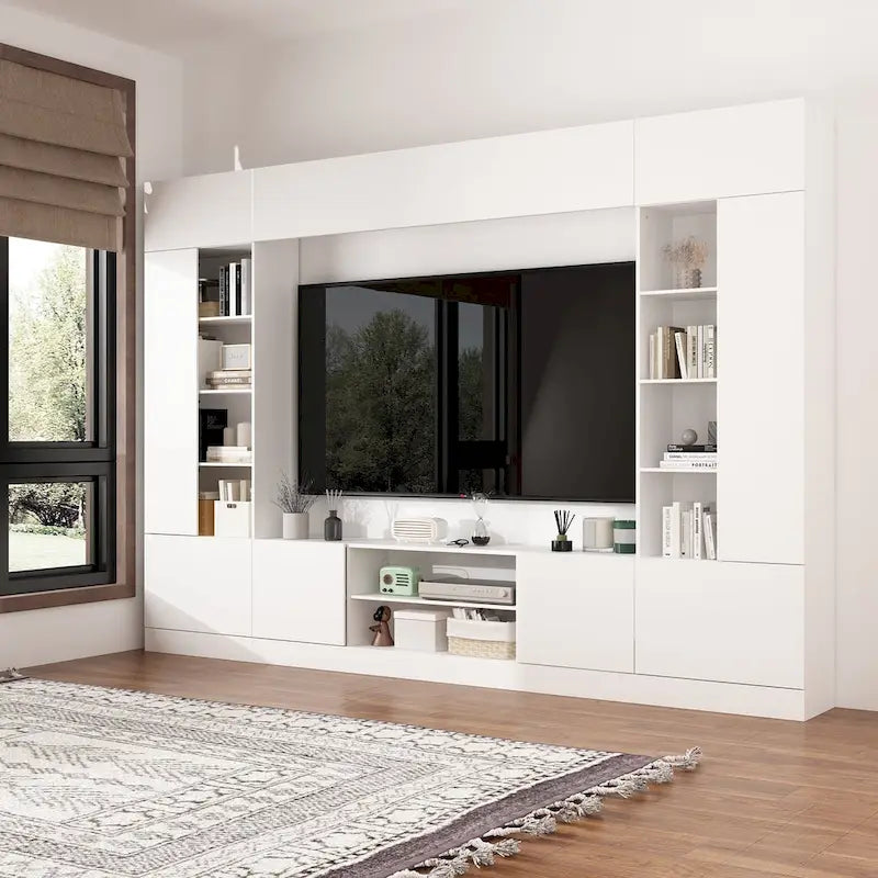 White / Black Wall Unit TV Stand with Bookshelves & LED Lighting – 2–3 Person Assembly