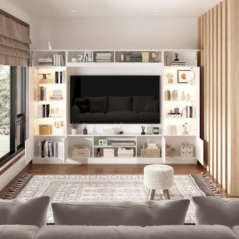 White / Black Wall Unit TV Stand with Bookshelves & LED Lighting – 2–3 Person Assembly