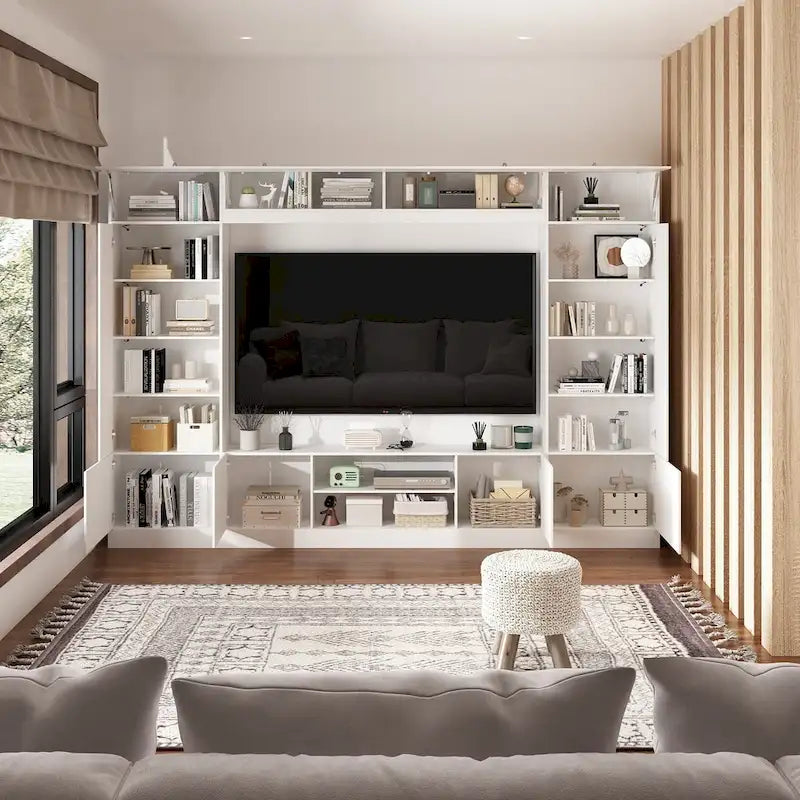 White / Black Wall Unit TV Stand with Bookshelves & LED Lighting – 2–3 Person Assembly