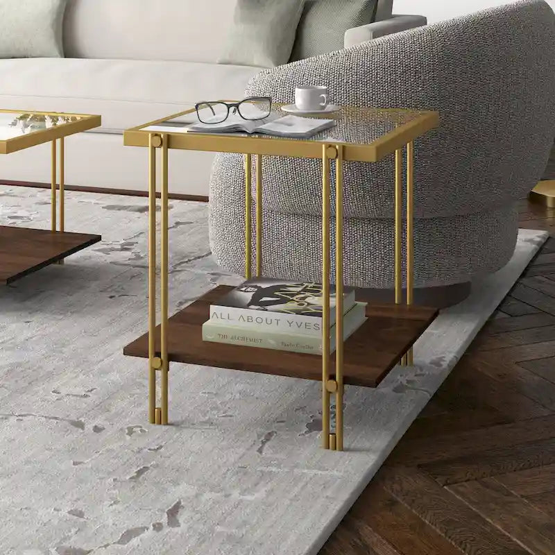 Brass / Blackened Bronze / Brass Walnut Geometric Steel & Glass Side Table – 1-Person