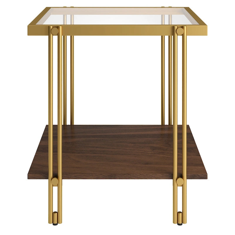 Brass / Blackened Bronze / Brass Walnut Geometric Steel & Glass Side Table – 1-Person